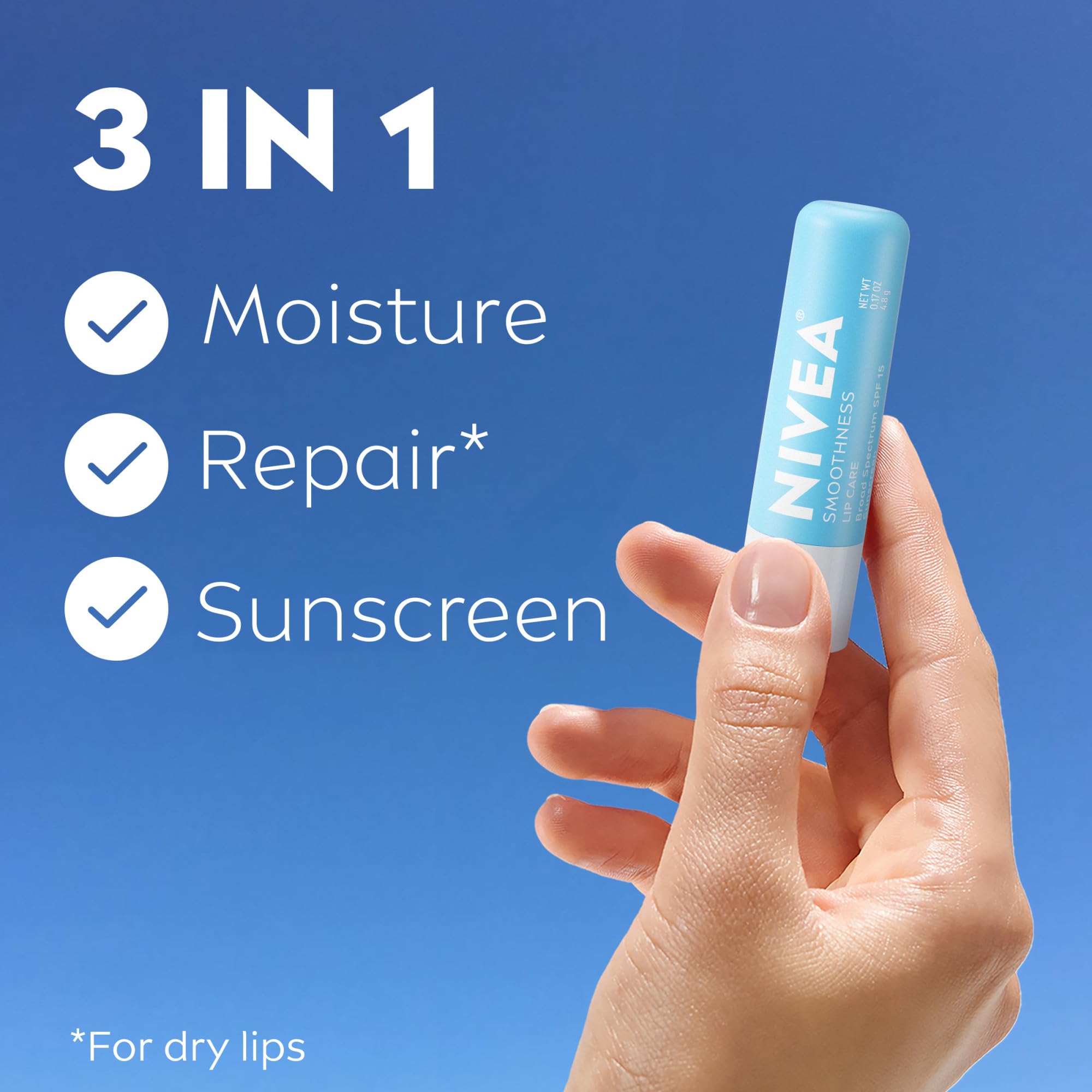 NIVEA Smoothness Lip Care SPF 15 applied on lips for moisture.
