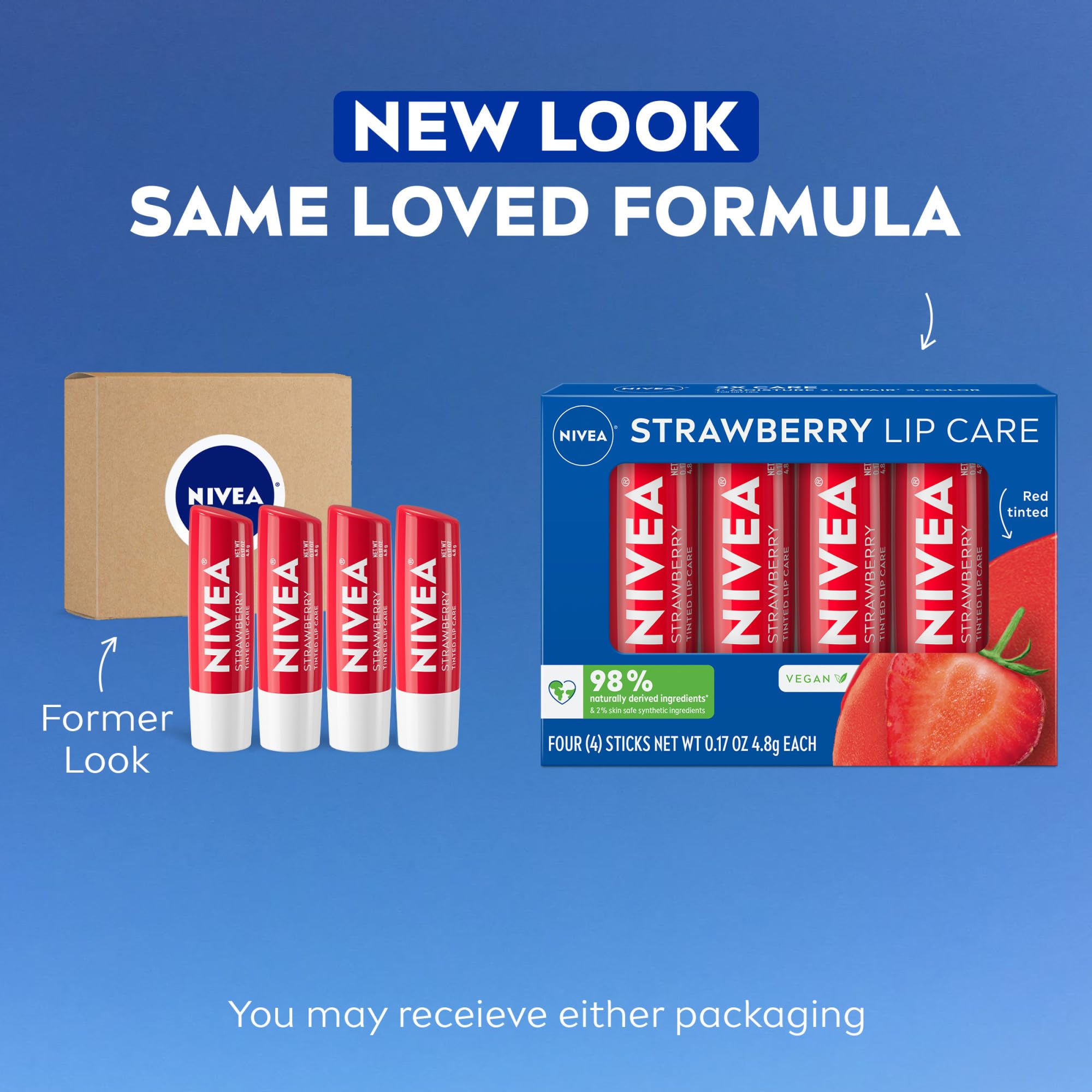 NIVEA Strawberry Lip Care balm swatch showing red tint and shine