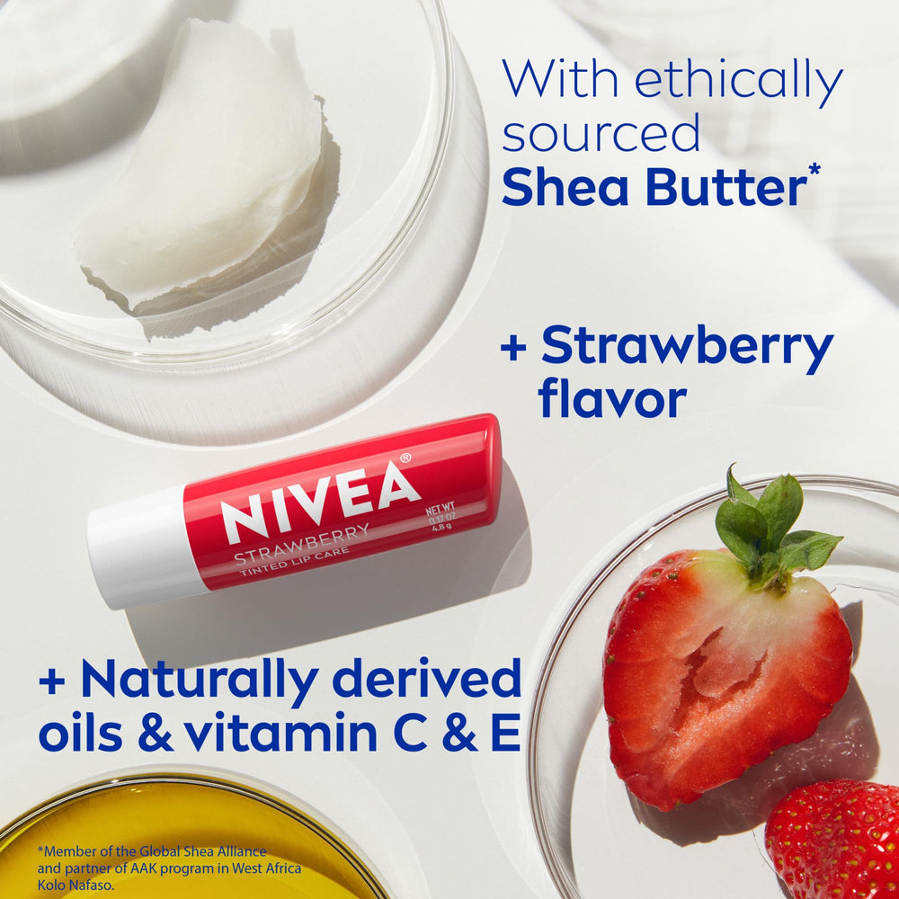 NIVEA Strawberry Lip Care vegan formula badge on packaging