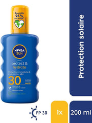 NIVEA Sun Protect & Hydrate SPF30 spray shows easy application.