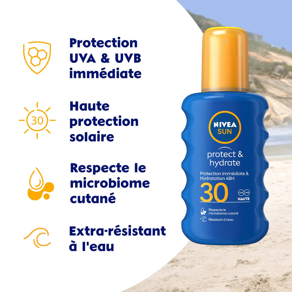 Close-up of the SPF30 label on the NIVEA spray.