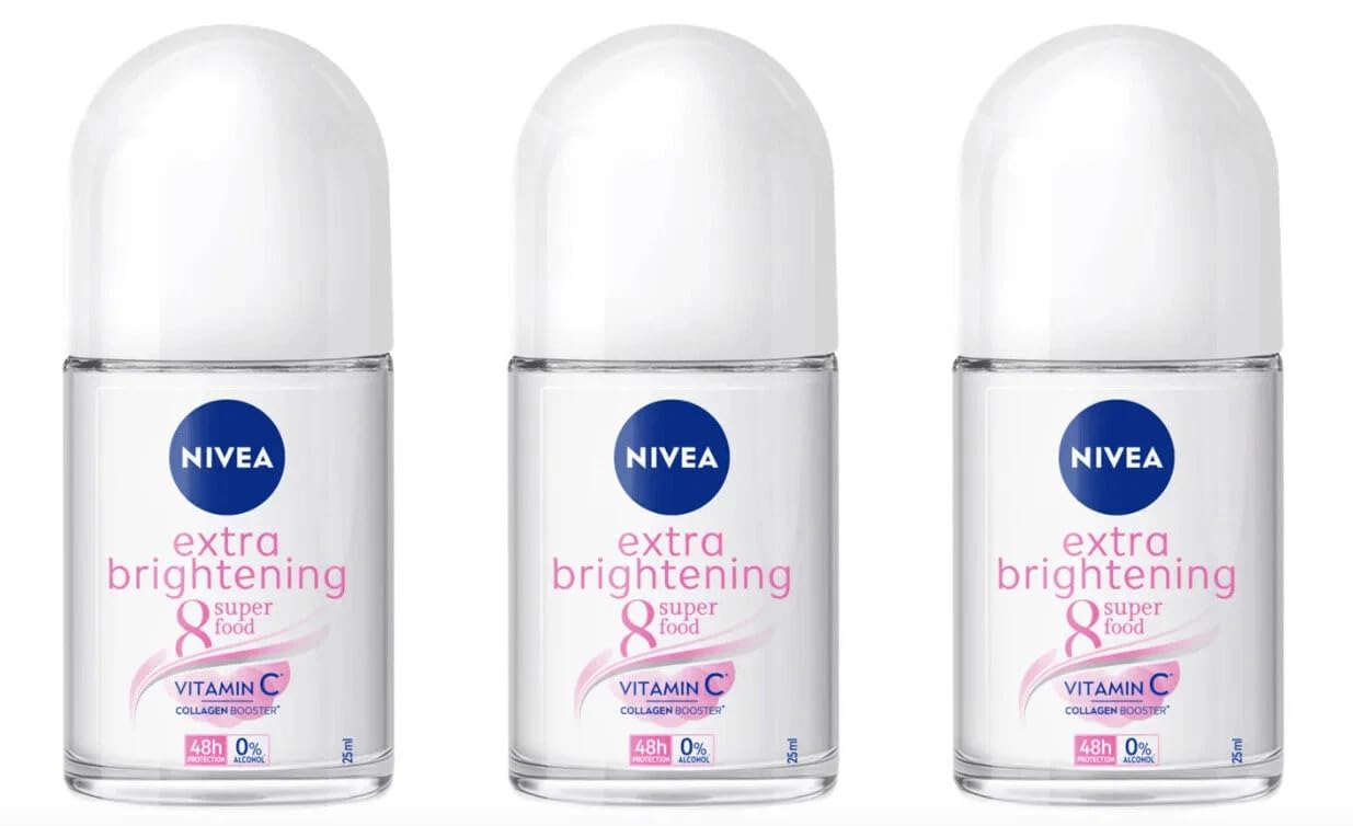 NIVEA Women Extra Brightening Roll-On bottle shows portable 25ml size for all-day freshness