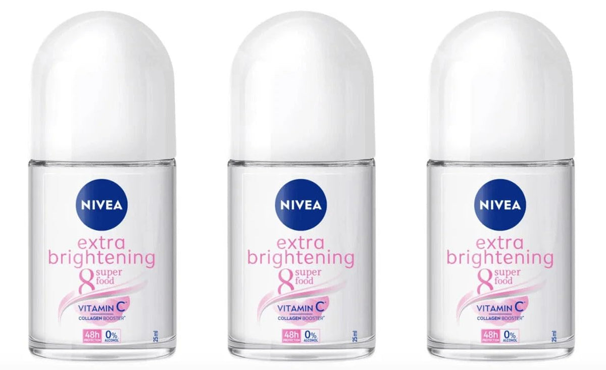 NIVEA Women Extra Brightening Roll-On bottle shows portable 25ml size for all-day freshness