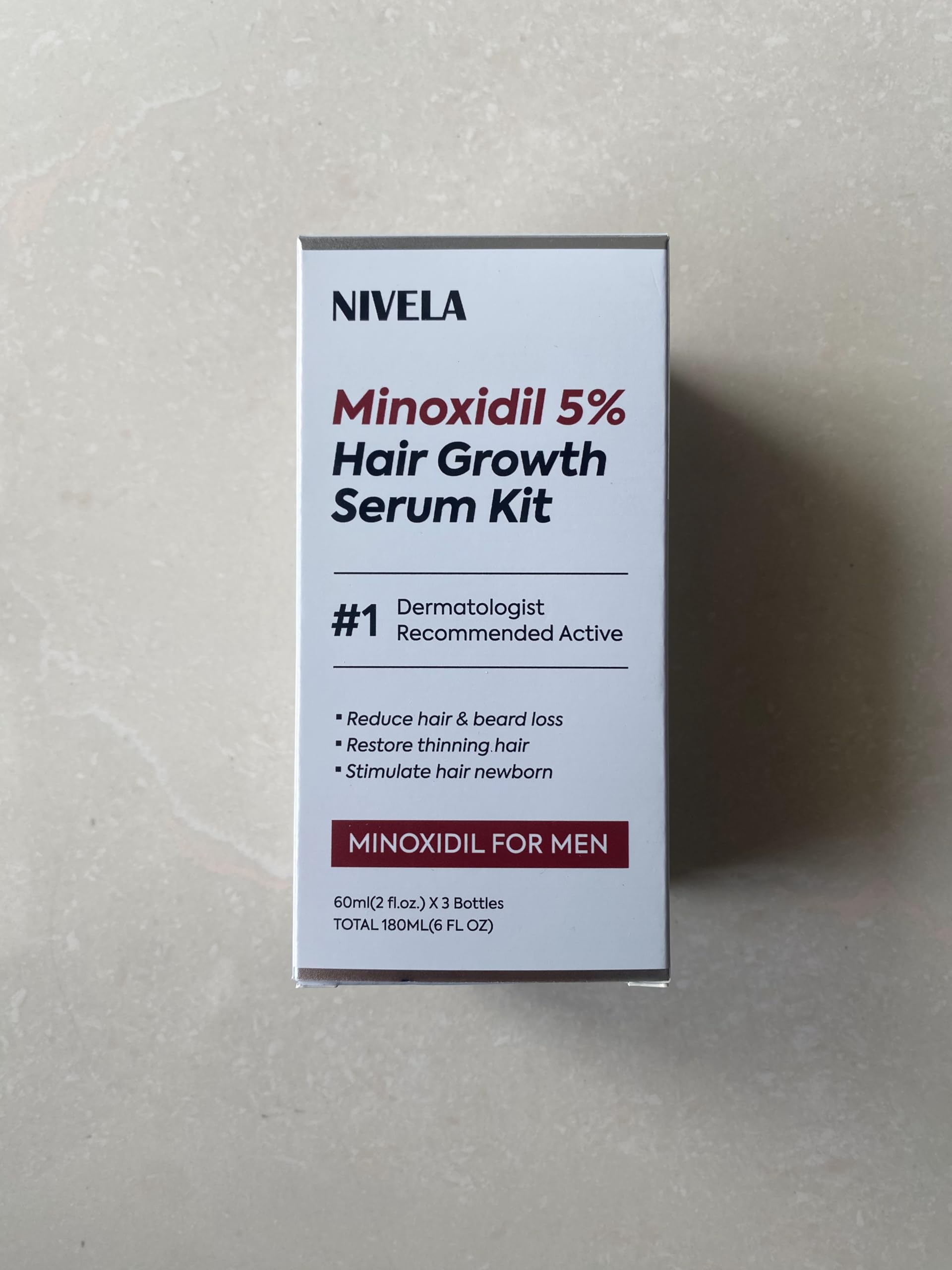 NIVELA 5% Minoxidil serum bottle for hair and beard growth, supporting daily care routine.
