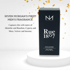 Cypress and moss detail suggests piney, sophisticated aroma from Rue 1807.
