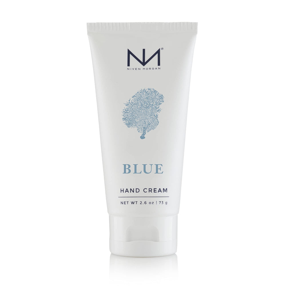 Niven Morgan Blue Travel Hand Cream bottle, beach grass cedar citrus scent, moisturizes without a greasy feel