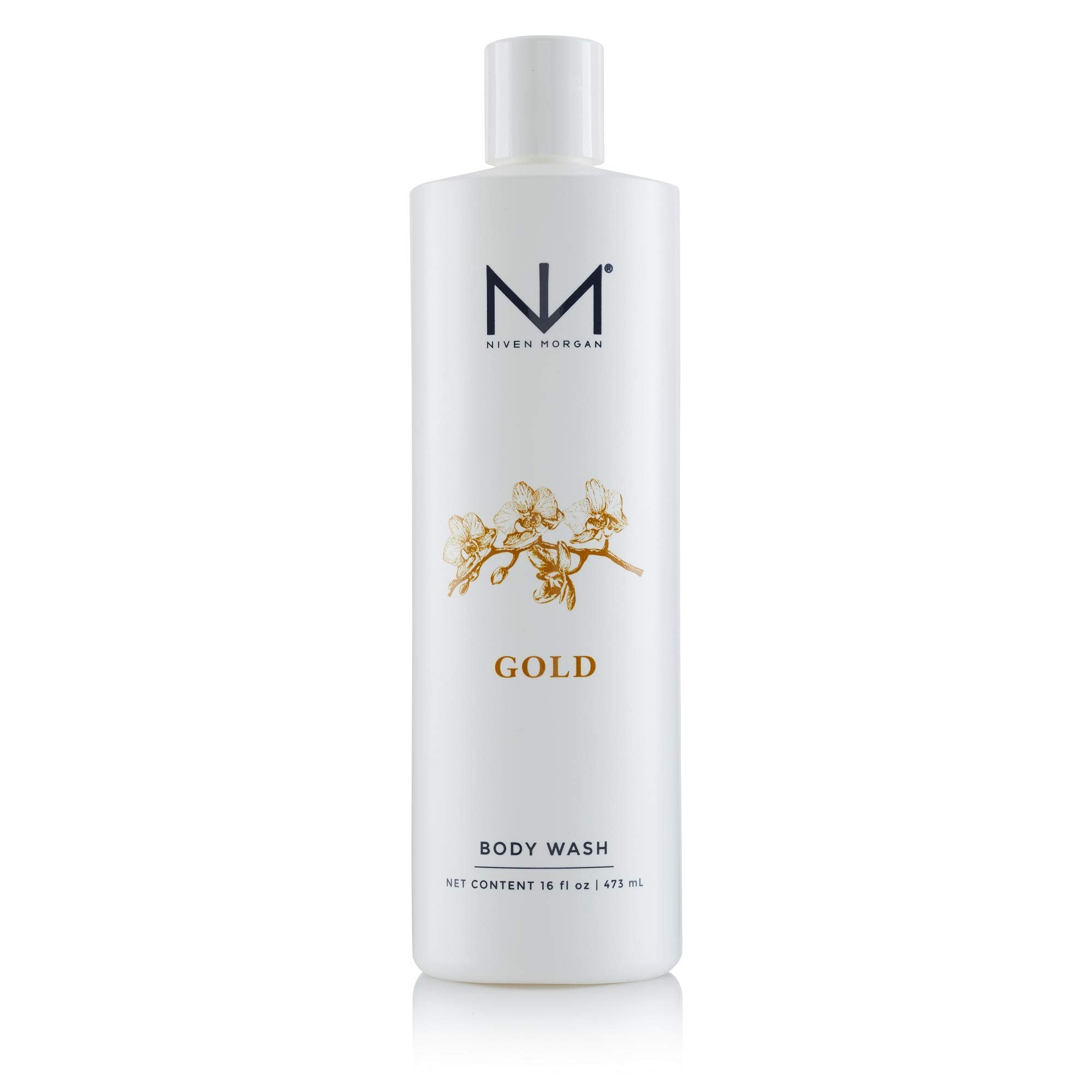 Niven Morgan Gold Body Wash bottle pour highlighting easy dispensing for a quick cleanse.