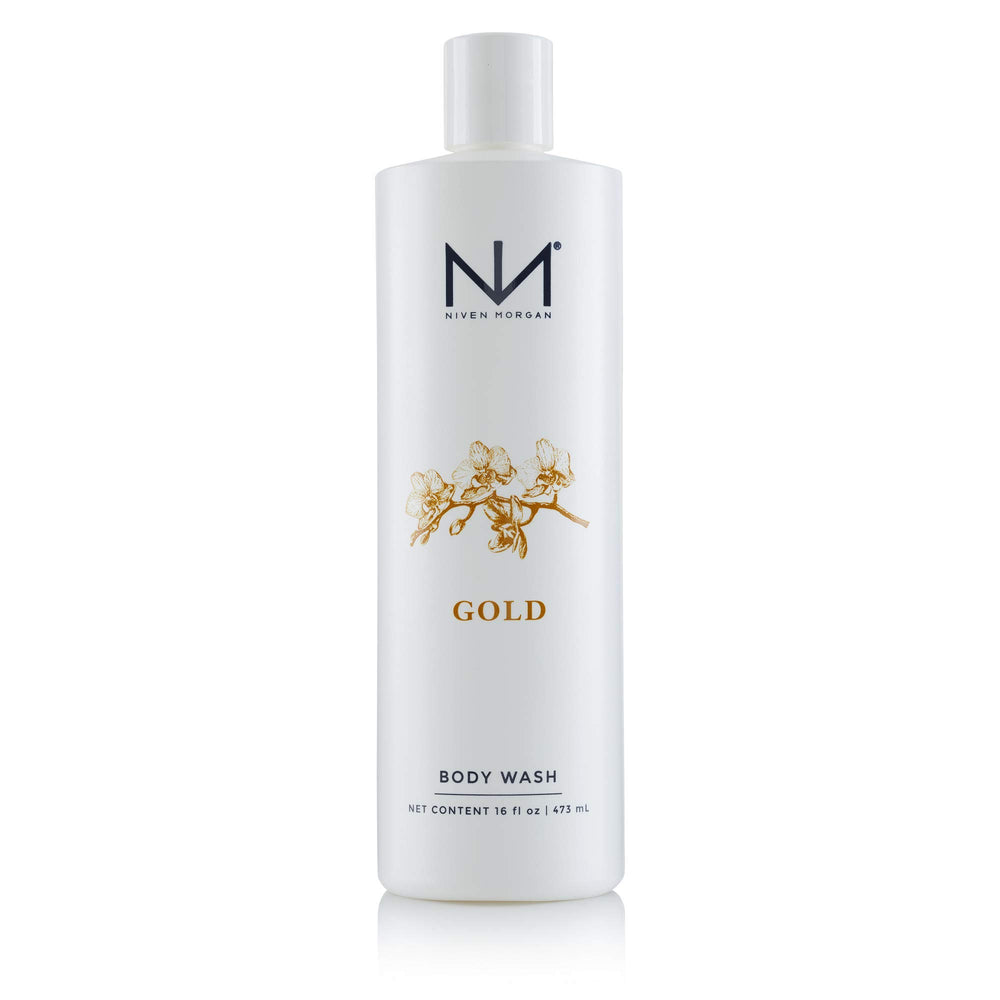 Niven Morgan Gold Body Wash bottle pour highlighting easy dispensing for a quick cleanse.