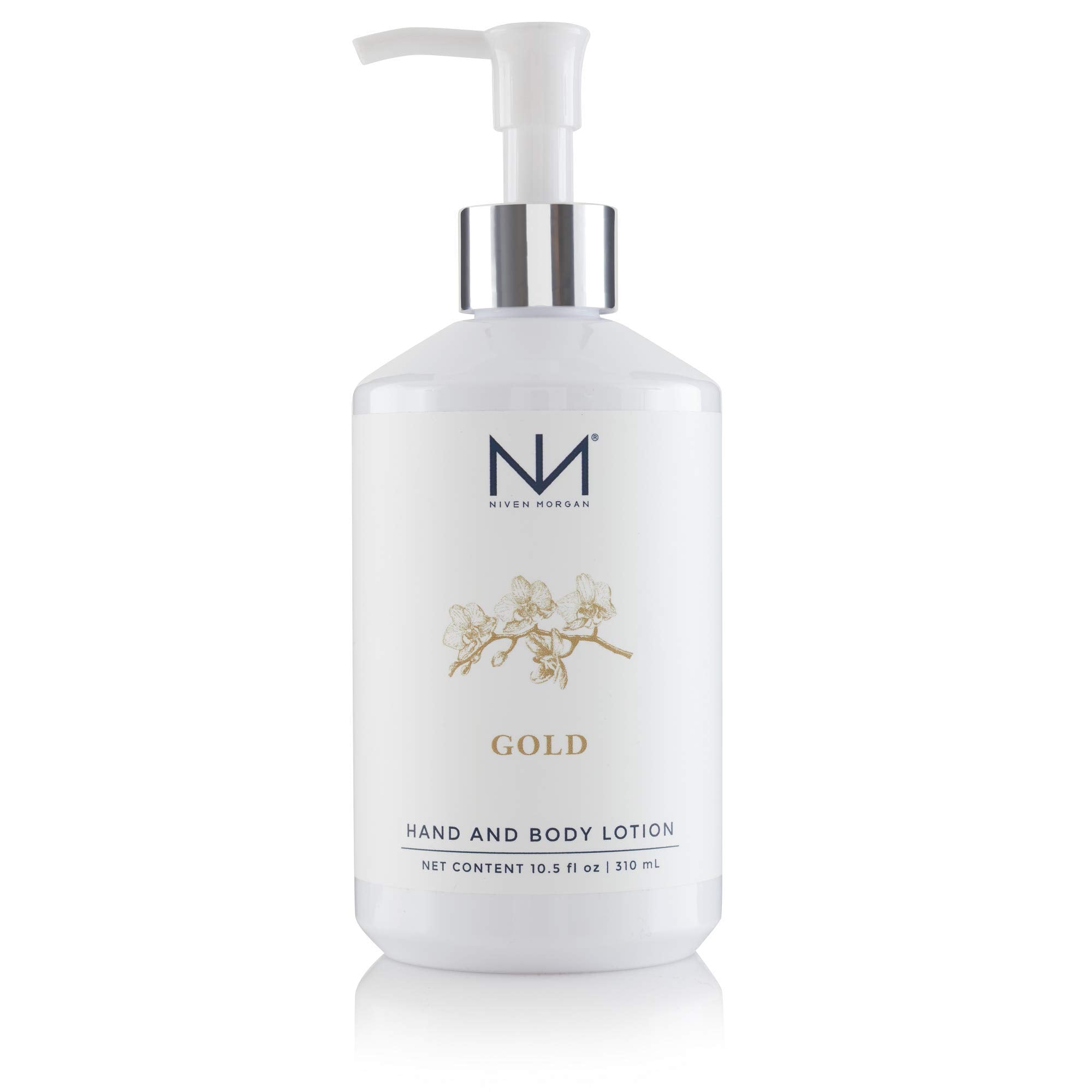 Niven Morgan Gold Hand and Body Lotion bottle showcases luxurious hydration.