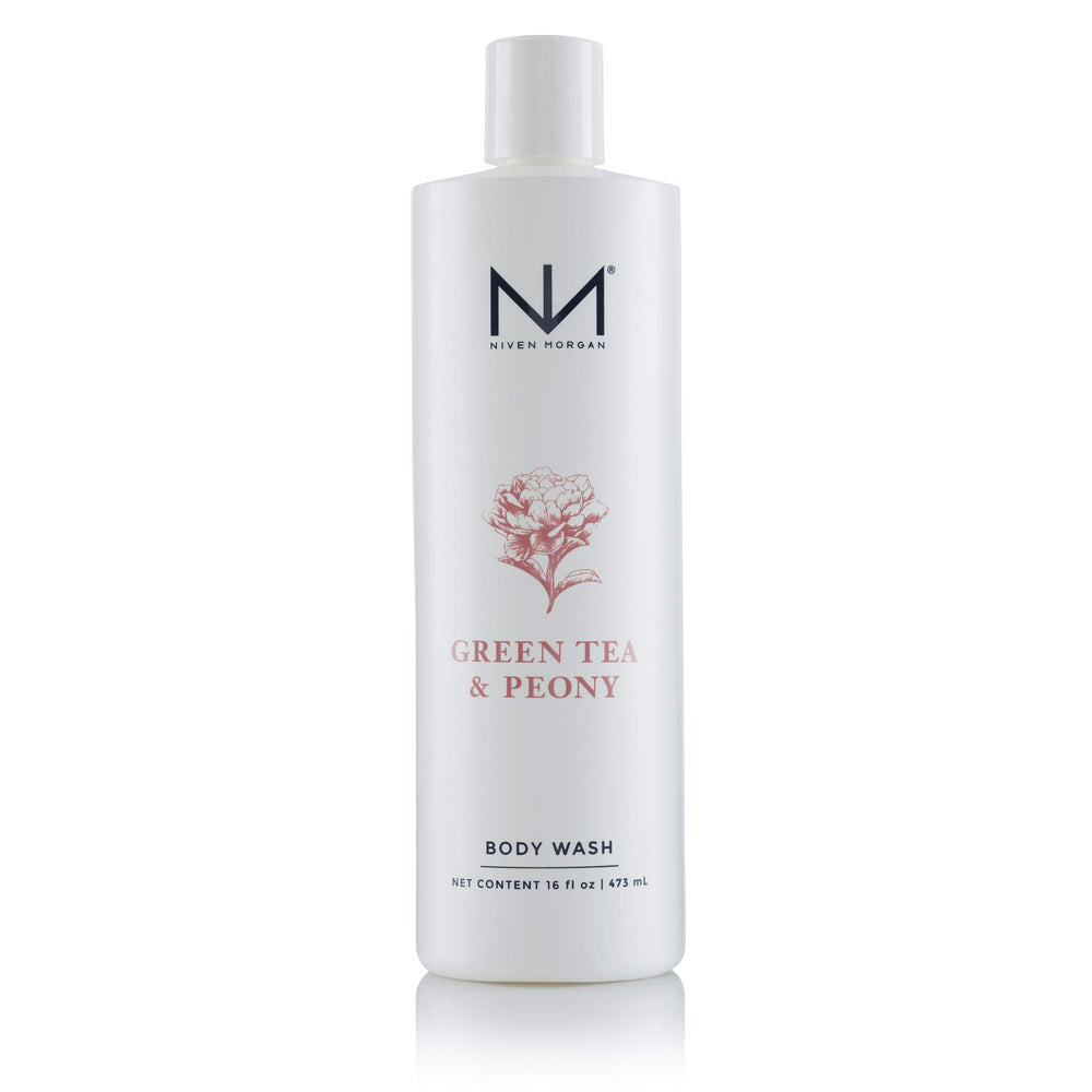 Niven Morgan Green Tea and Peony body wash bottle, refreshing fragrance and hydrating cleanse