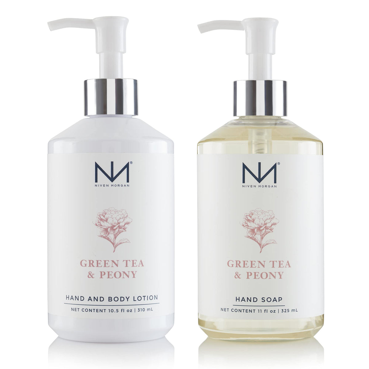 Niven Morgan Green Tea & Peony hand soap bottle for a spa-like daily cleansing ritual.