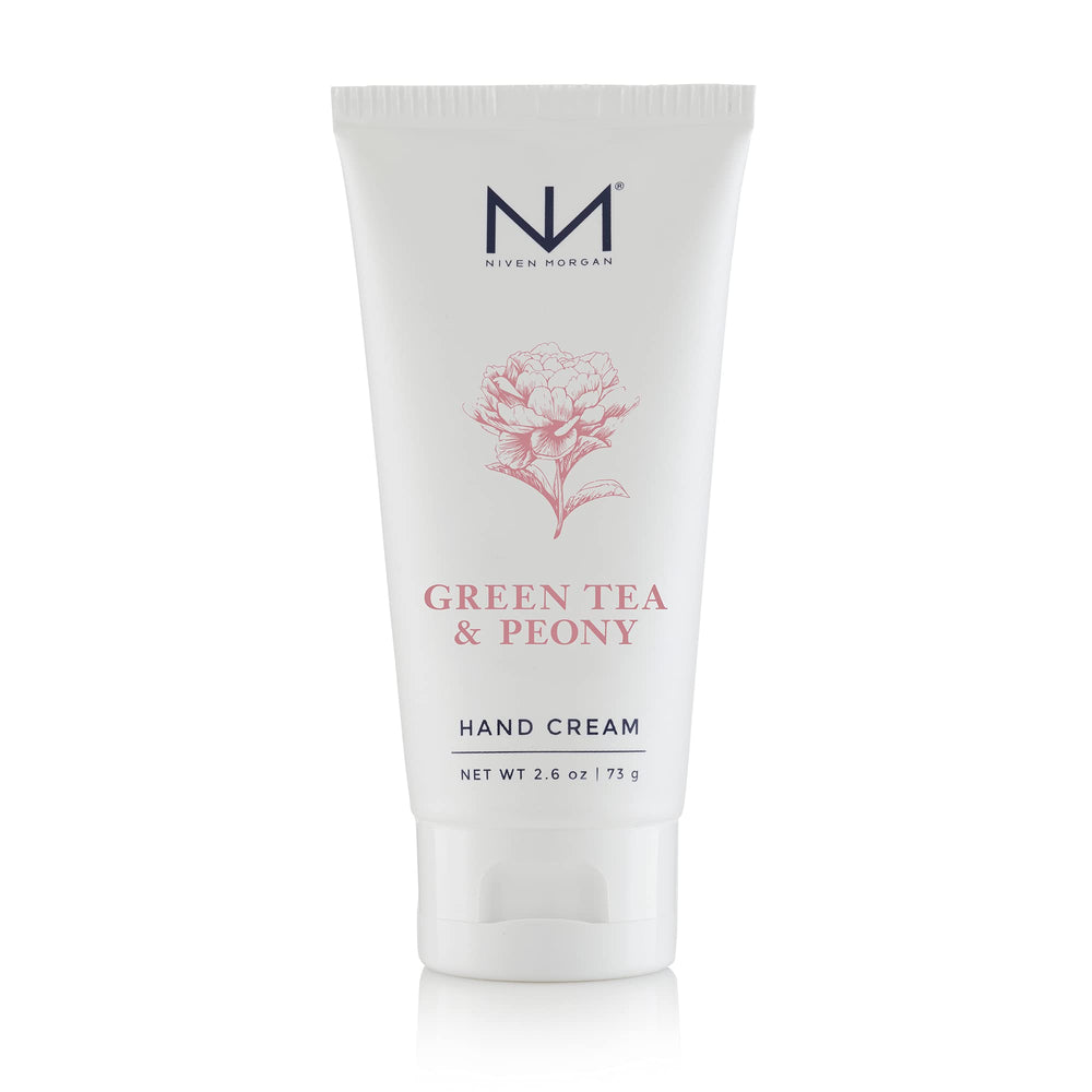 Niven Morgan travel hand cream bottle with green tea and peony scent offering moisture and a non-greasy feel