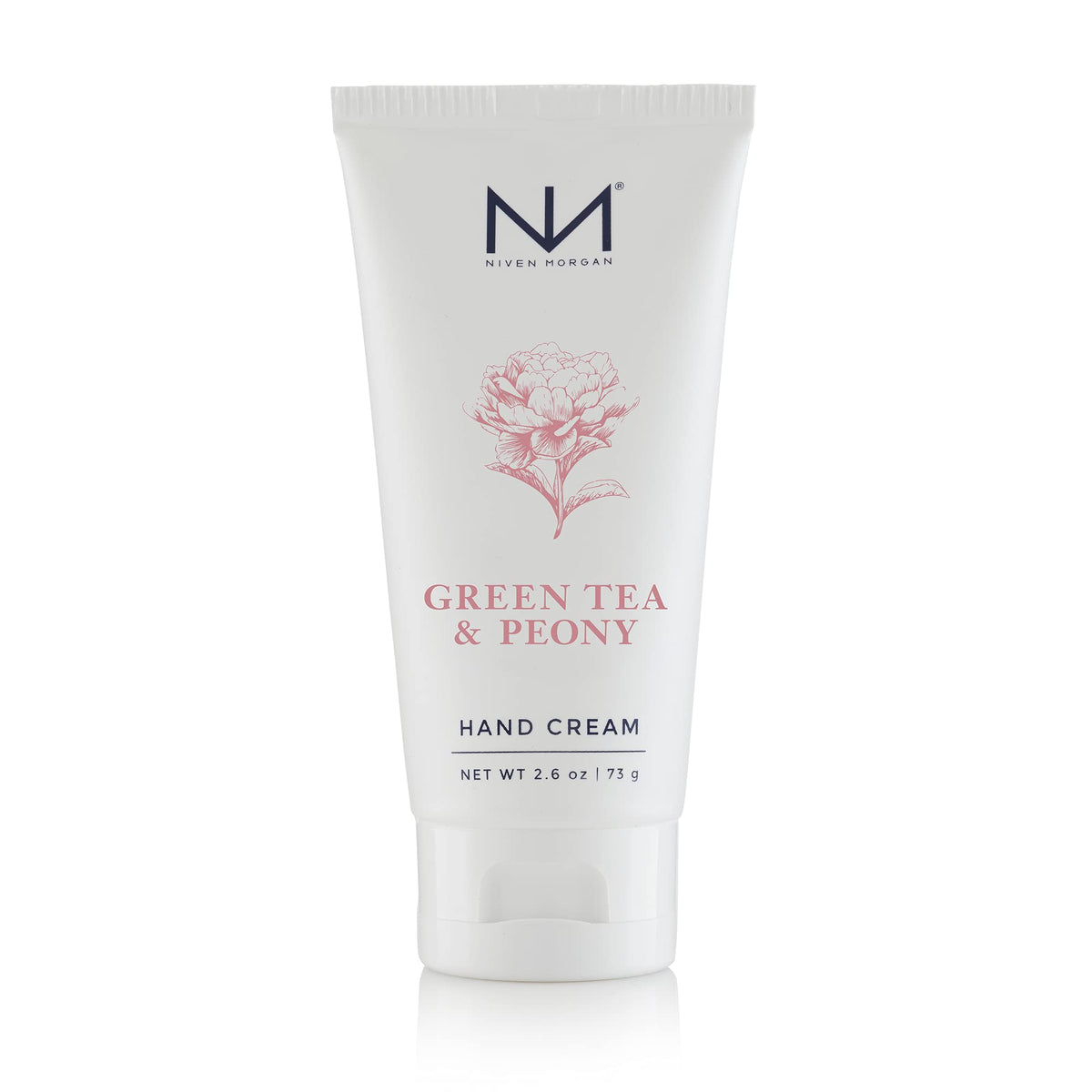 Niven Morgan travel hand cream bottle with green tea and peony scent offering moisture and a non-greasy feel