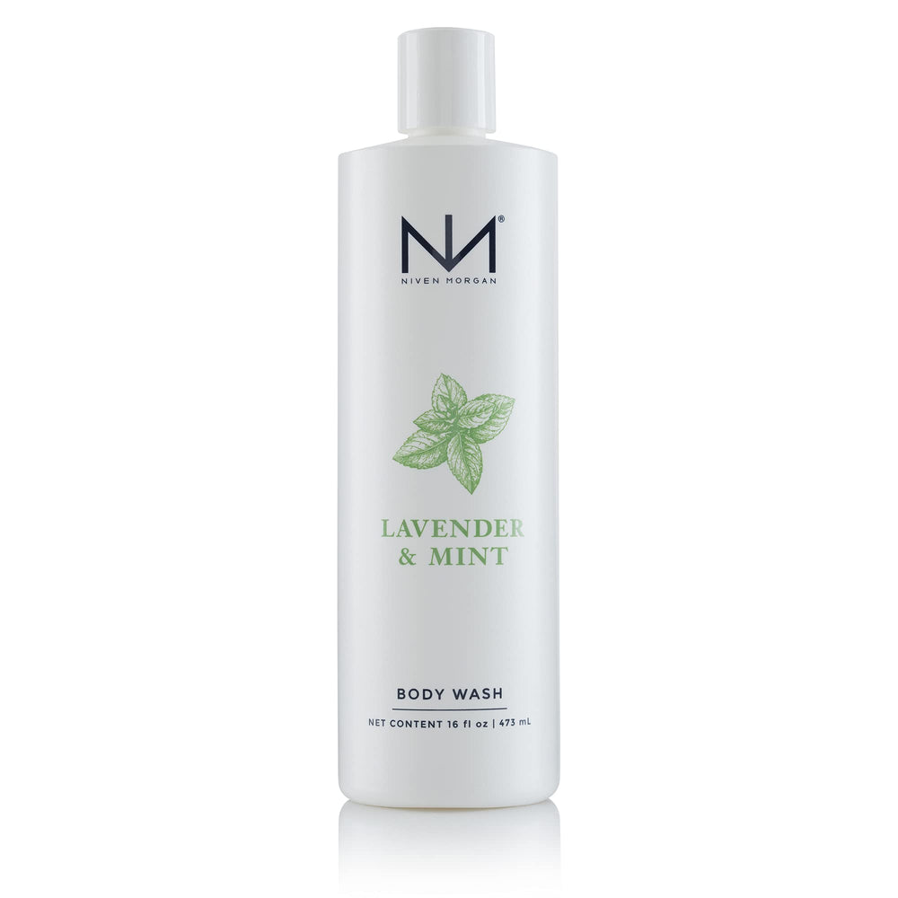 Niven Morgan Lavender and Mint Body Wash bottle, refreshing spa-like shower scent
