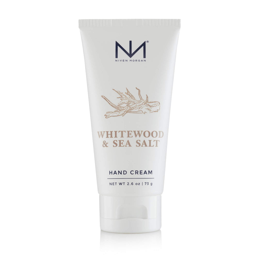 Niven Morgan Whitewood & Sea Salt hand cream tube for daily moisture and firmer-looking skin