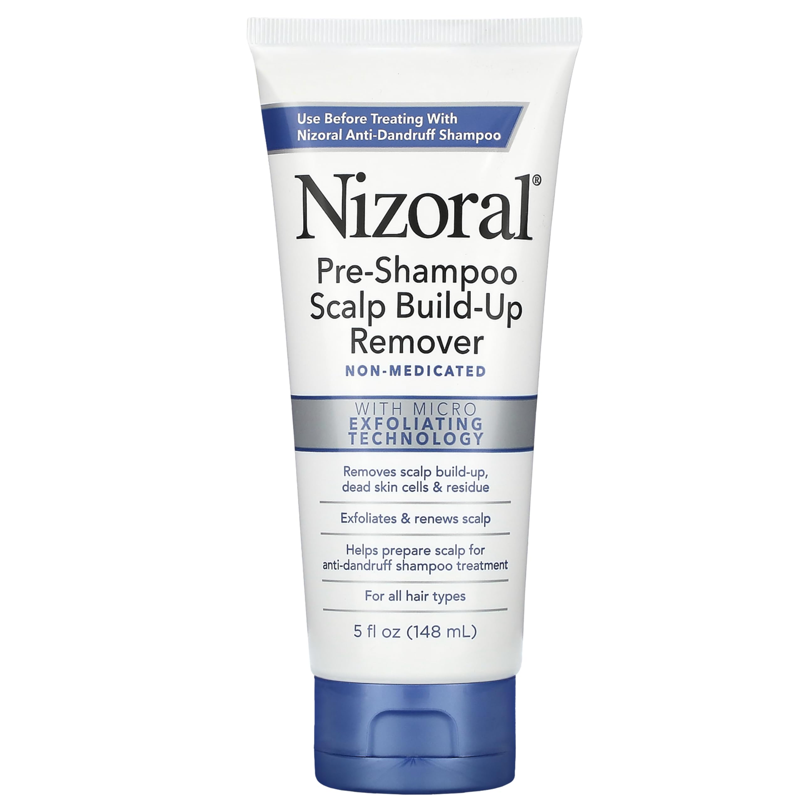 Nizoral pre-shampoo bottle shows exfoliation action to prep the scalp.