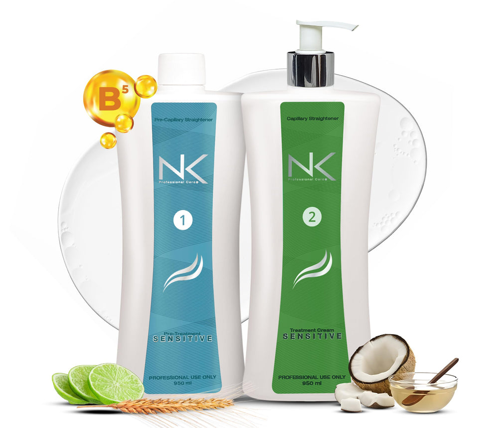 NK Professional Care keratin treatment bottle close-up for sensitive scalps.