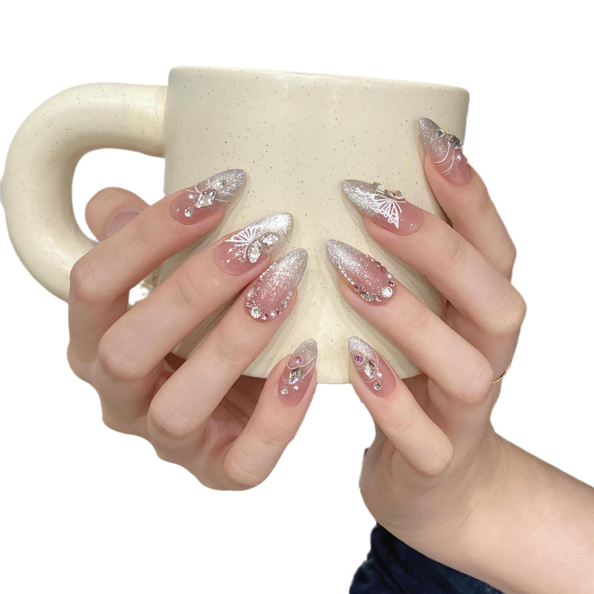 NLSJMP handmade press-on nails with butterfly glitter design for quick glam manicure.