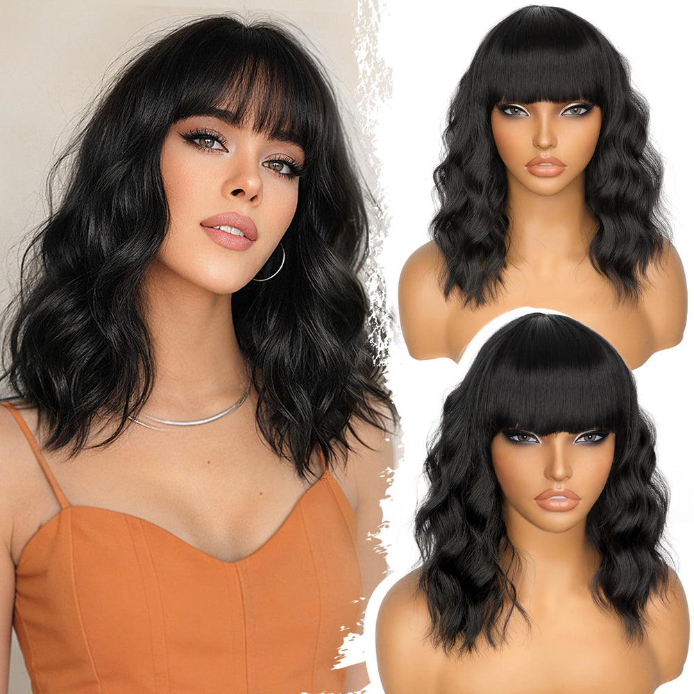Nnzes black wavy bangs 16in wig for natural everyday styling
