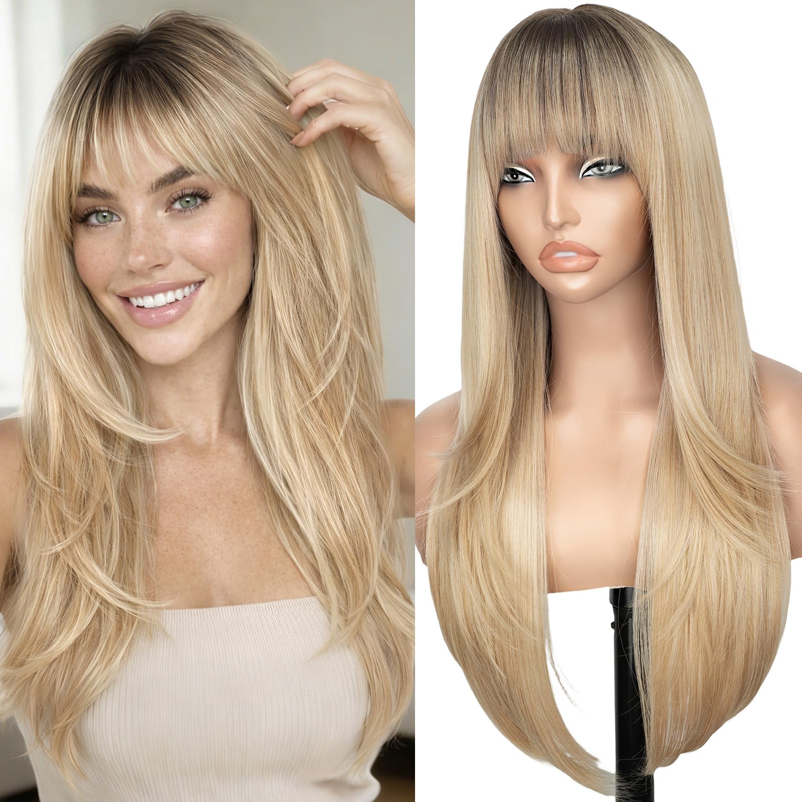 Nnzes Ombre Blonde 26-Inch Wig with Bangs shows natural color blend for daily wear.