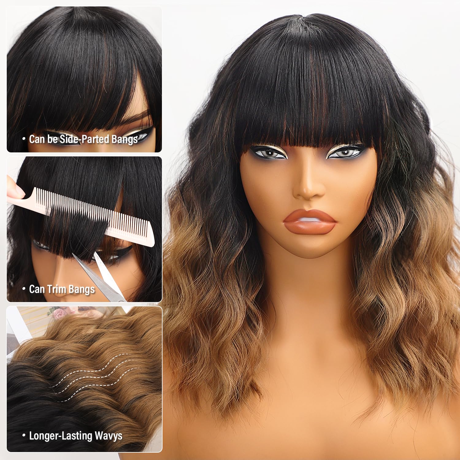 Nnzes short wavy wig with bangs in an ombre gradient for versatile styling.