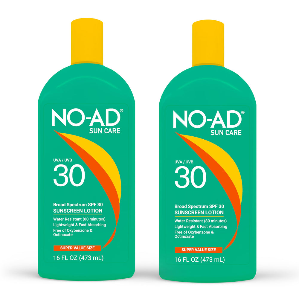 NO-AD SPF30 sunscreen lotion bottle pour with broad-spectrum protection.