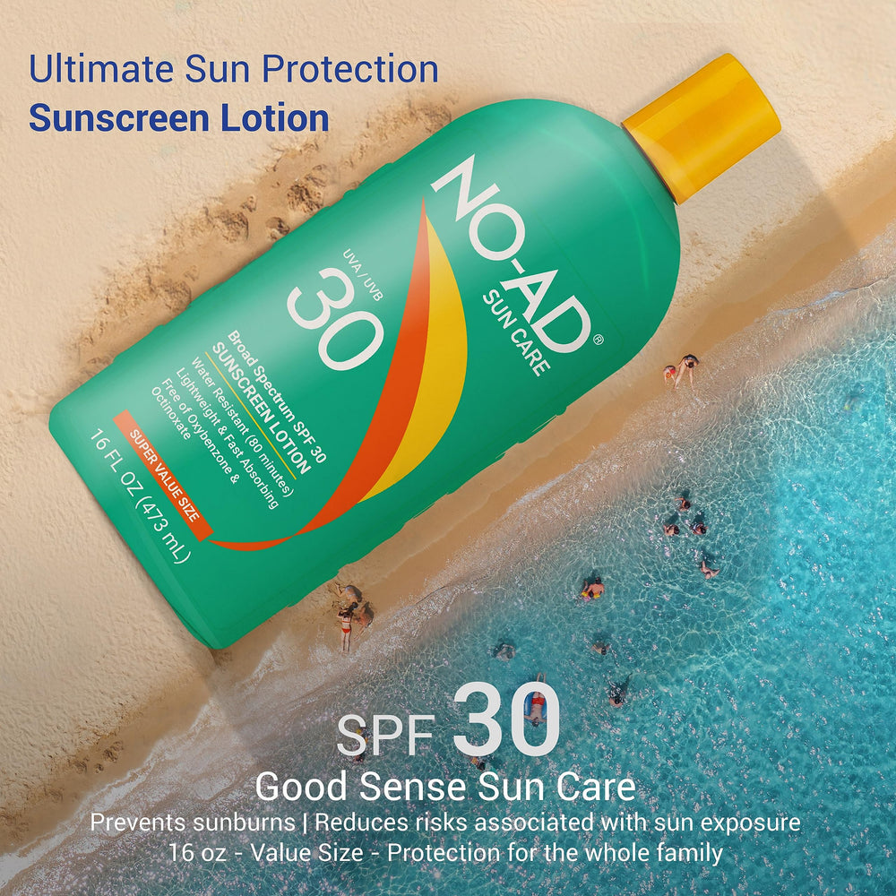 NO-AD SPF30 sunscreen lotion 16oz bottle provides moisturizing Vitamin E and Aloe.