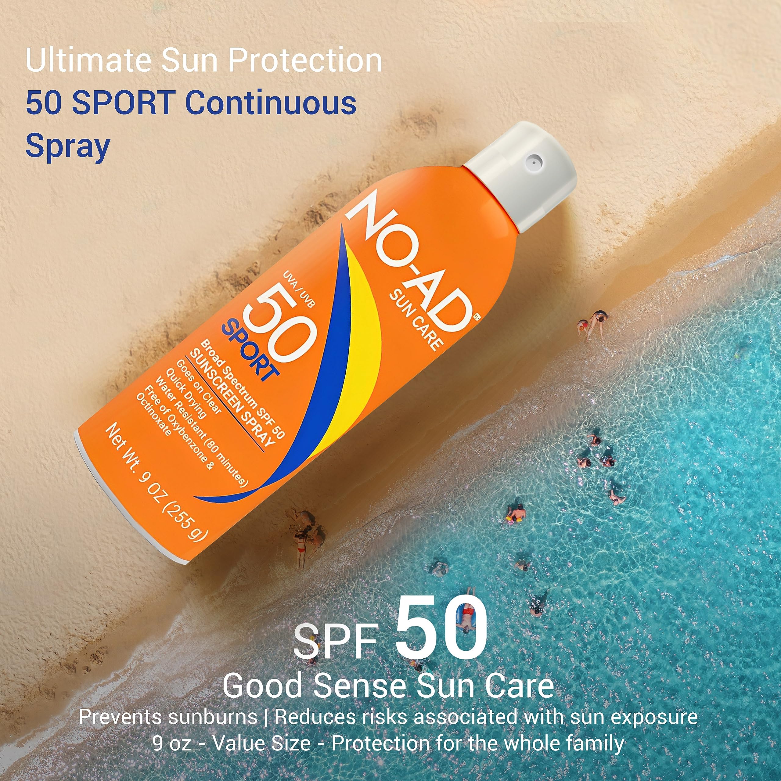 NO-AD Sport SPF 50 sunscreen spray mist in action for easy coverage.