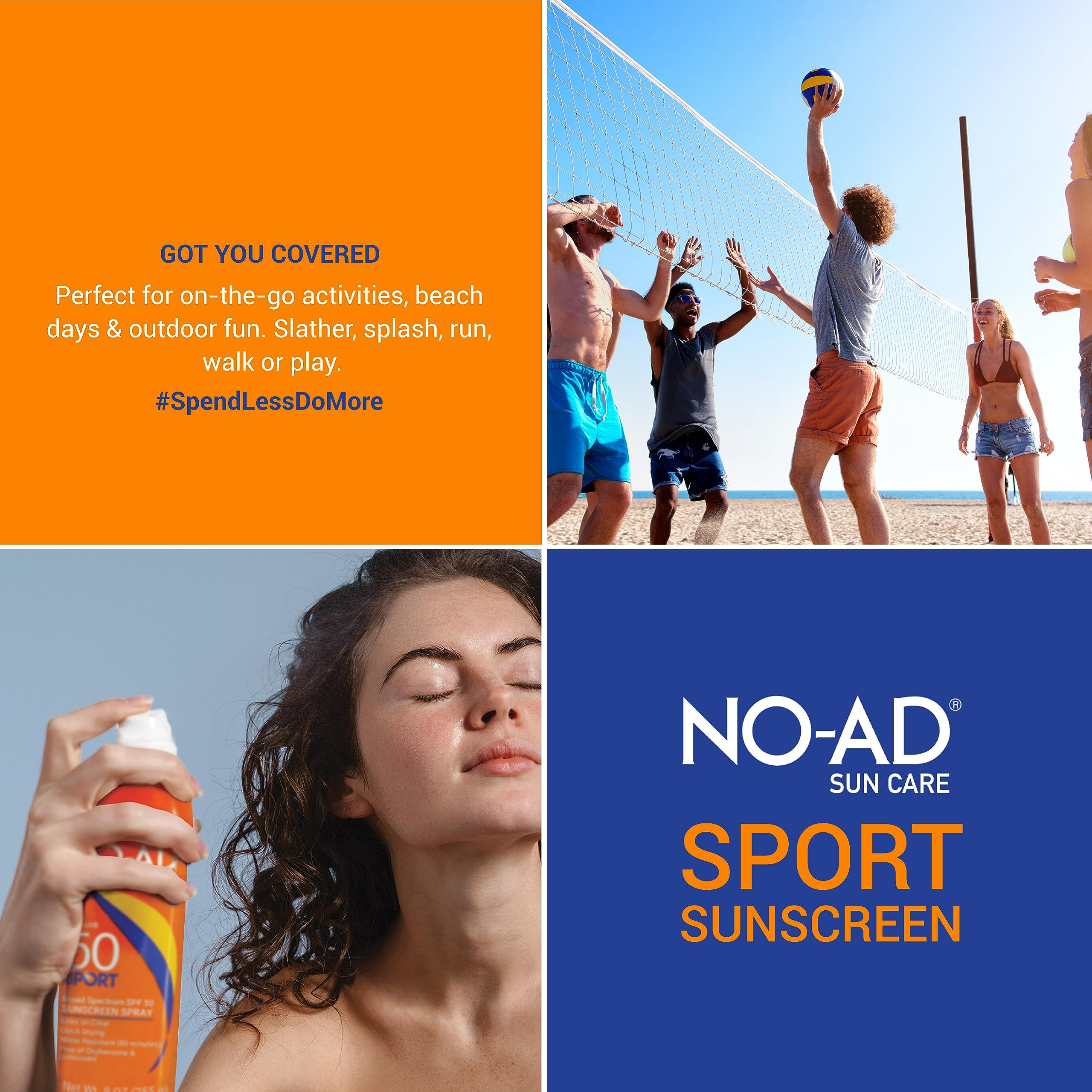 NO-AD Sport SPF 50 sunscreen spray two-pack sits in beach bag.
