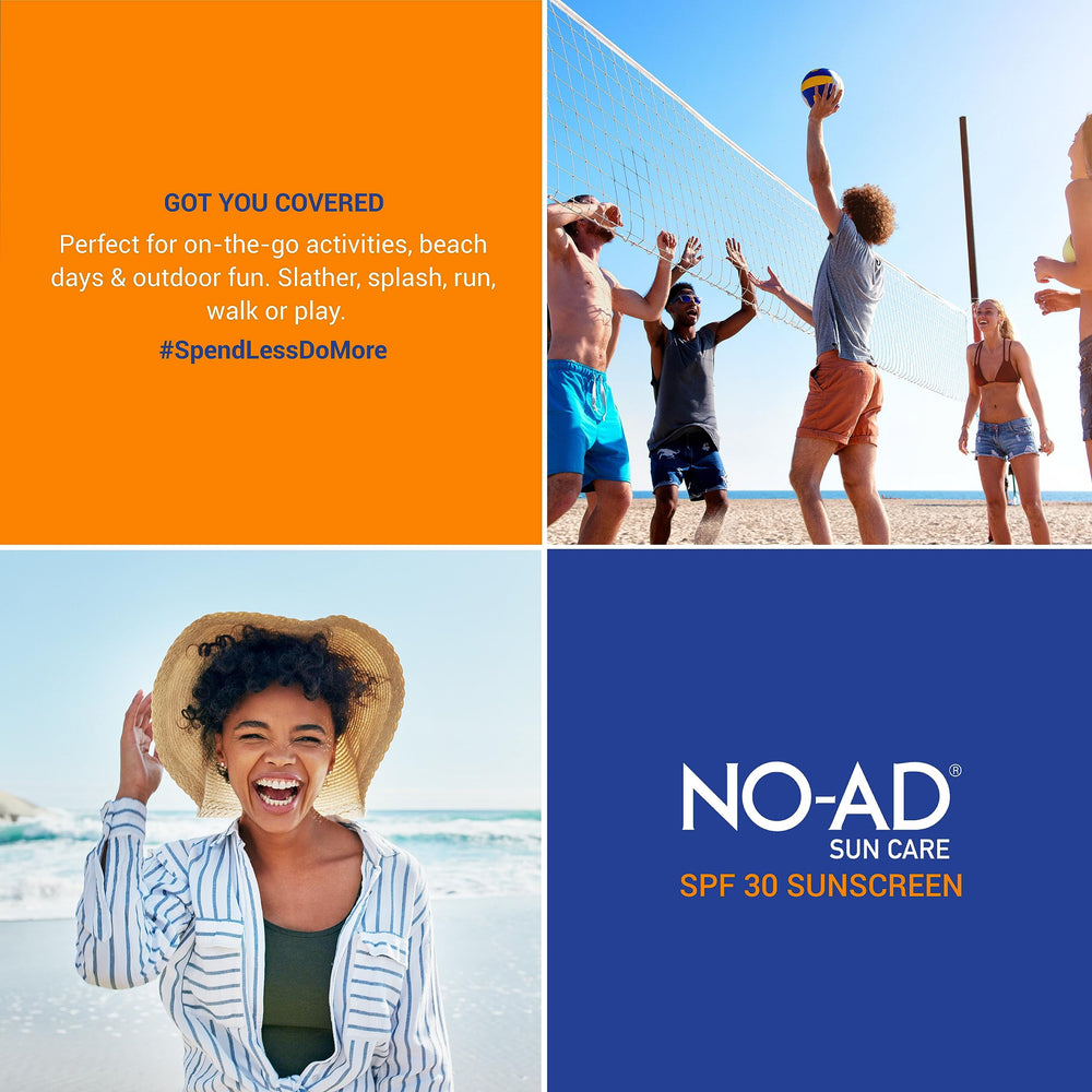 NO-AD sunscreen bottle packaging highlights UVA/UVB coverage and value.
