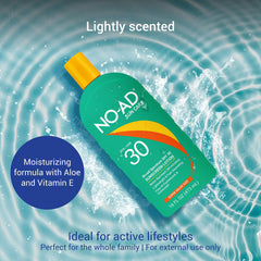 NO-AD SPF30 bottle shows water resistance for outdoor activities.