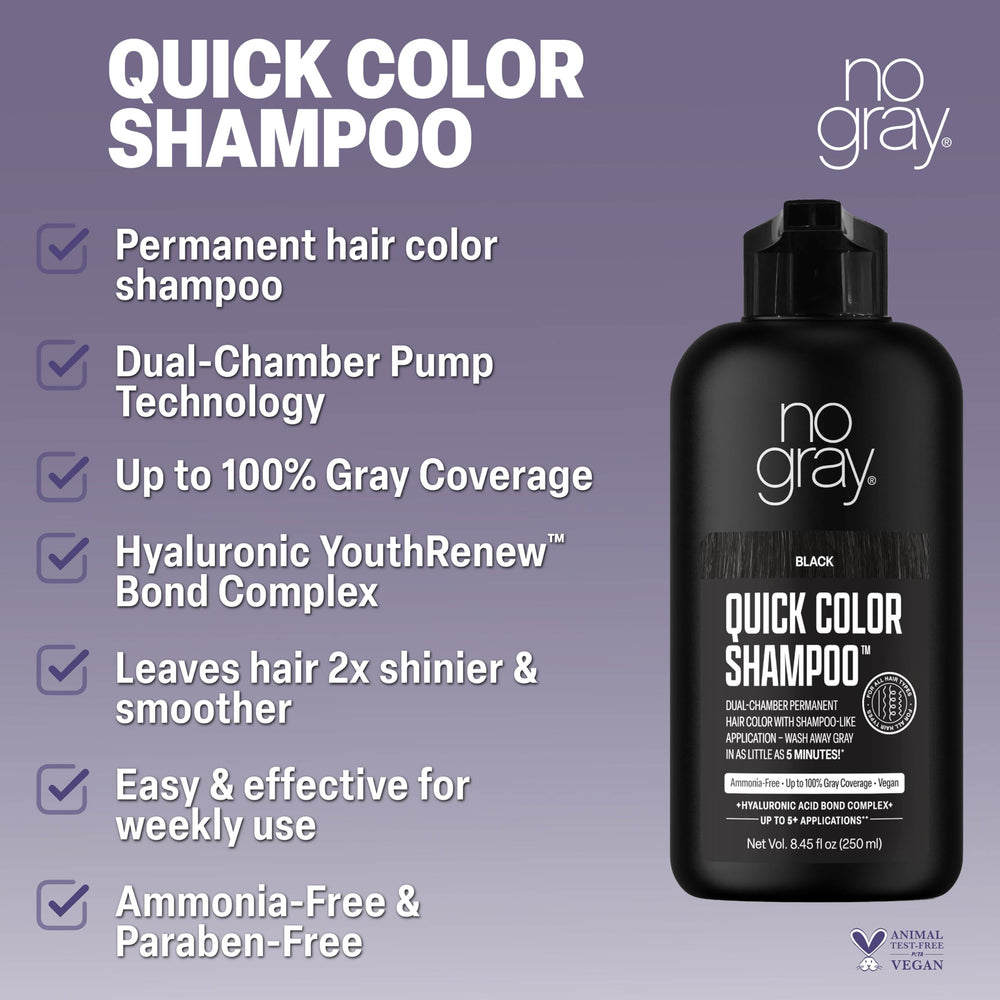 No Gray Quick Color Shampoo after use showing natural-looking black coverage.