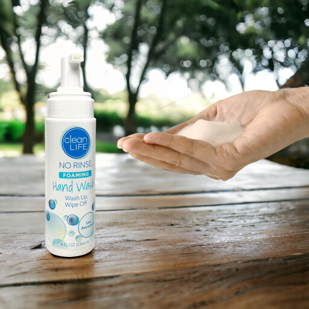 No-Rinse Foaming Hand Wash travel kit in a compact container for camping.
