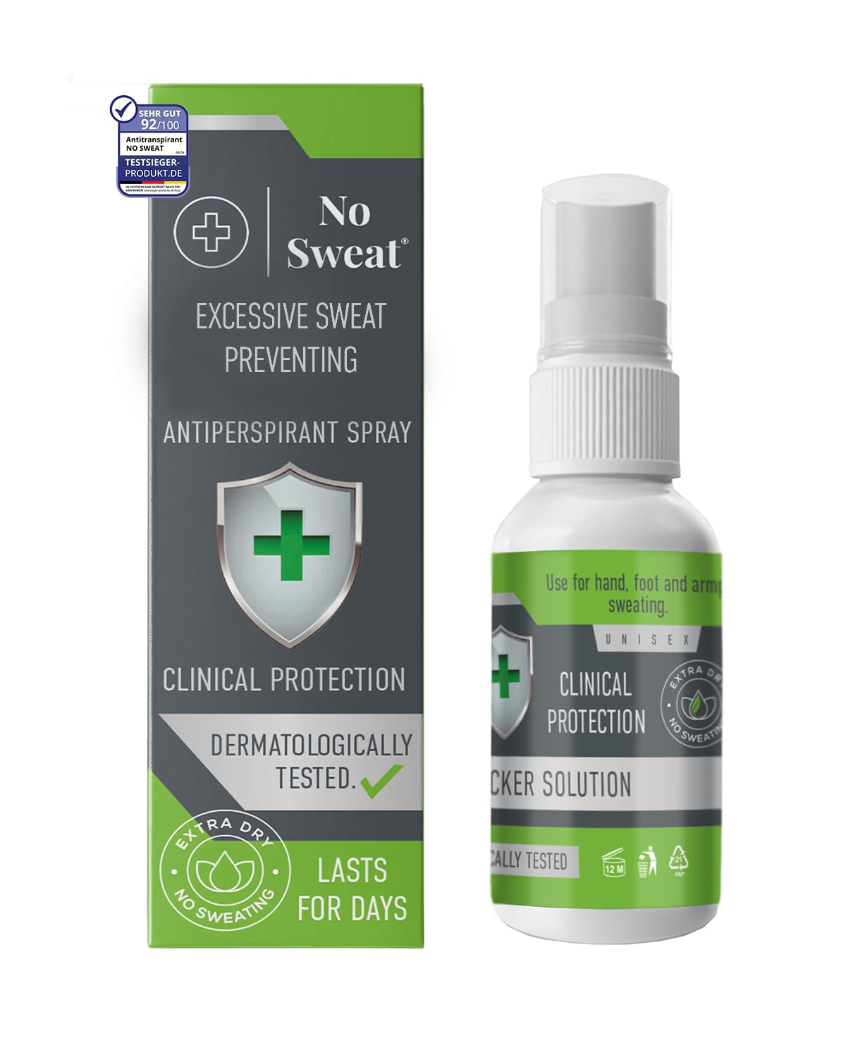 No Sweat bottle dispensing the maximum strength spray for quick dryness.