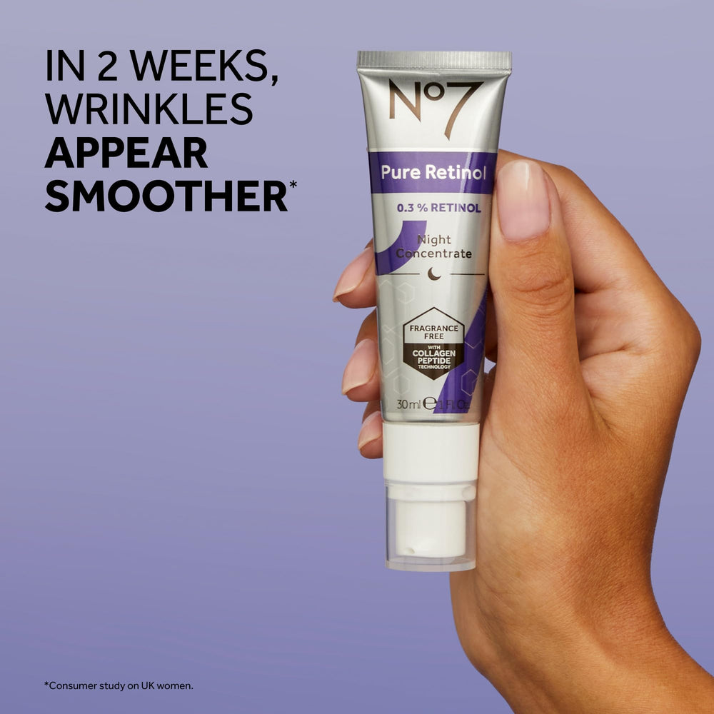 No7 Advanced Retinol 0.3% Night Concentrate night cream bottle on vanity.