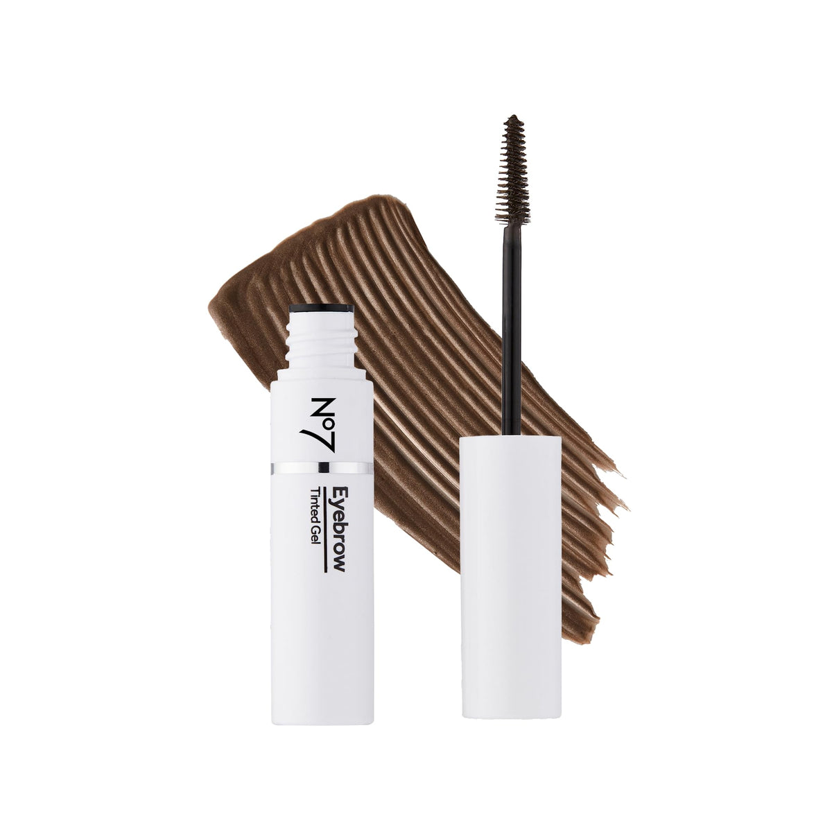 No7 Beautiful Eyebrows Gel brown packaging close-up shows branding and bottle design.