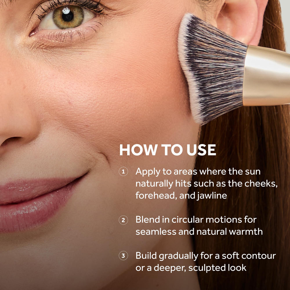 Apply No7 bronzer to cheeks and jawline with a fluffy brush for contour and warmth