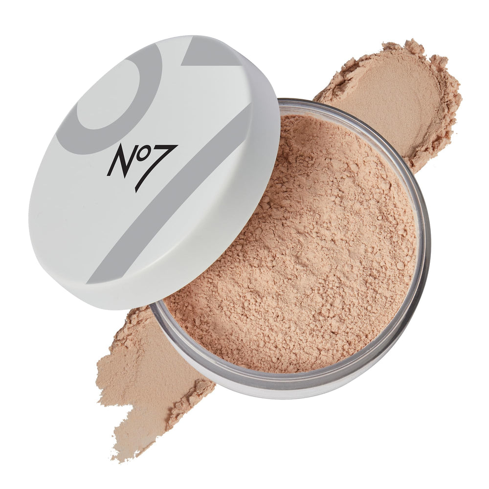 No7 Flawless Finish loose powder bottle with matte blur for shine control.