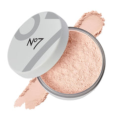 No7 Flawless Finish loose powder jar closeup showing translucent texture and shine control.