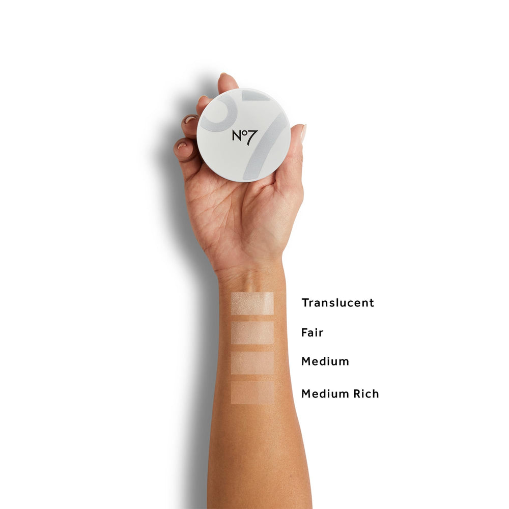 No7 Flawless Finish loose powder packaging design for on-the-go use.