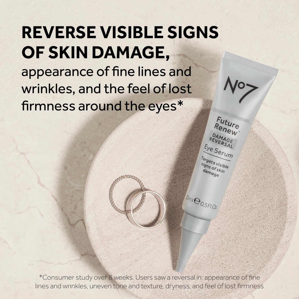 No7 Future Renew Eye Serum dispensing pump shown for easy morning and night application.