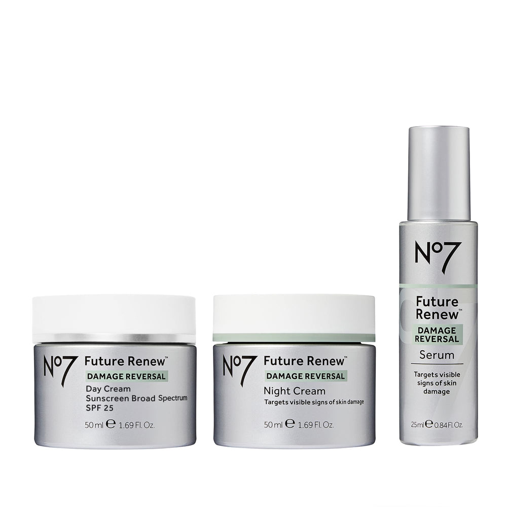 No7 Future Renew serum bottle showing lightweight, fast-absorbing formula for brightened skin