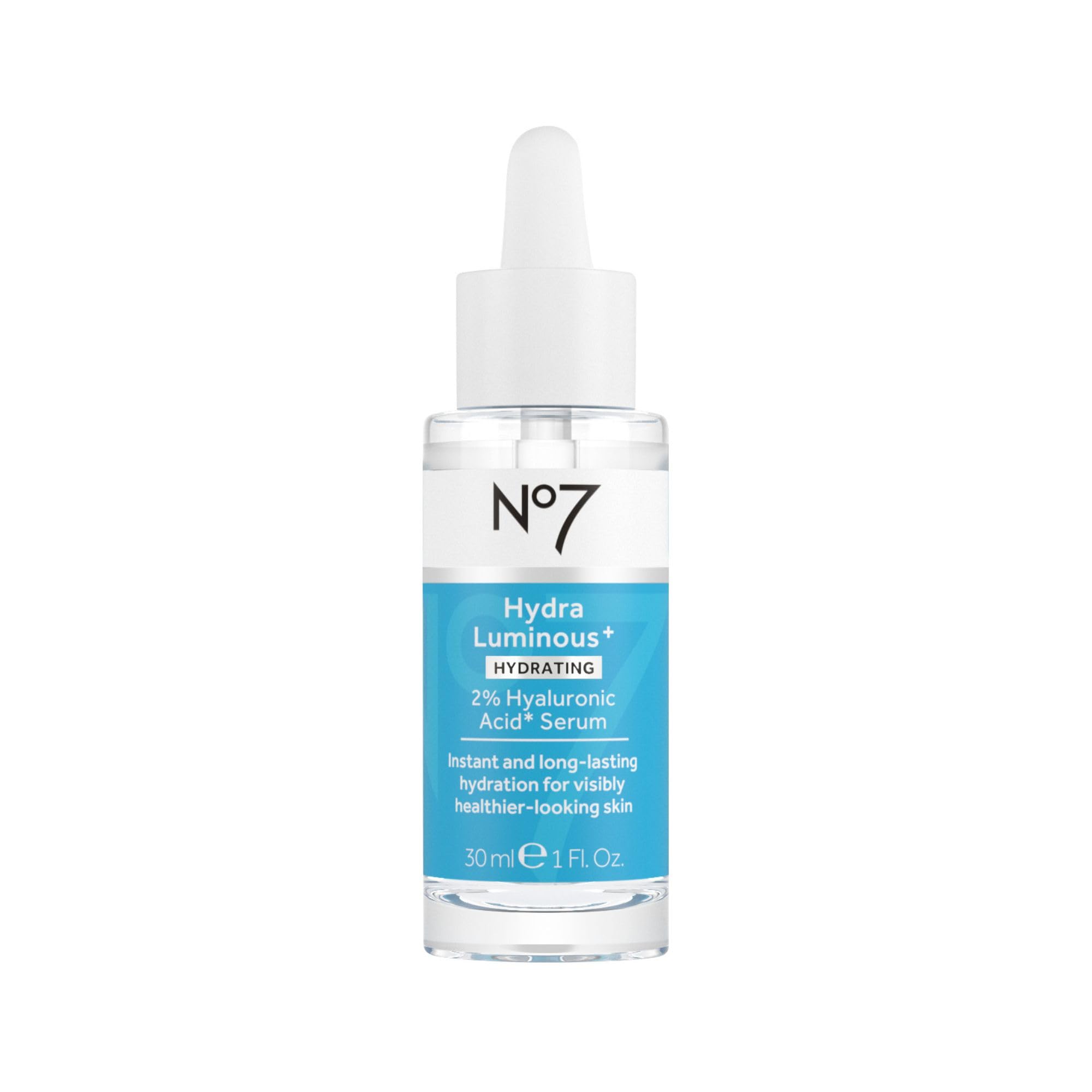 No7 HydraLuminous bottle with pump showing long-lasting hydration delivery