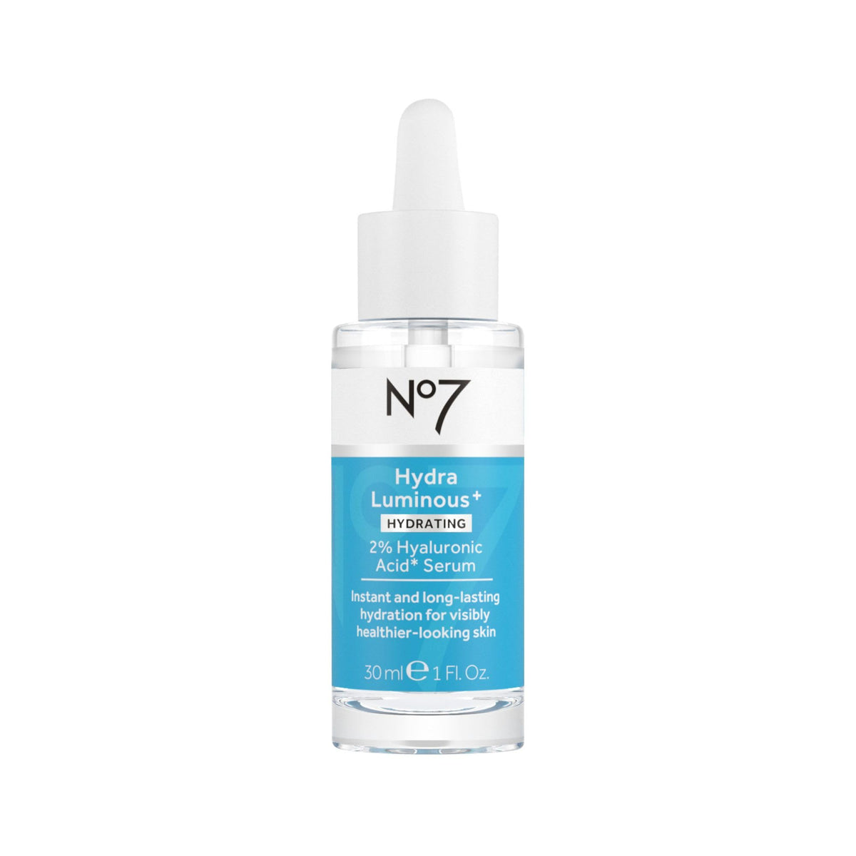 No7 HydraLuminous bottle with pump showing long-lasting hydration delivery