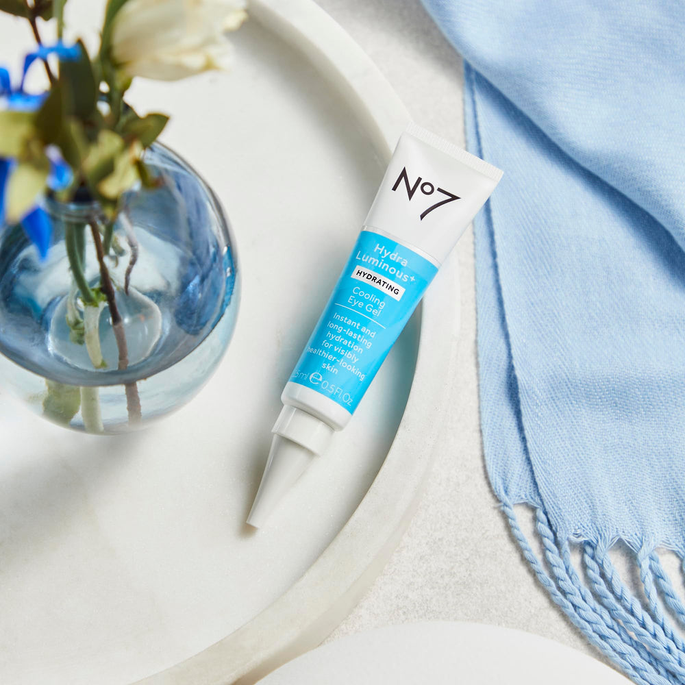 No7 HydraLuminous+ application around the eyes demonstrates gentle hydration.
