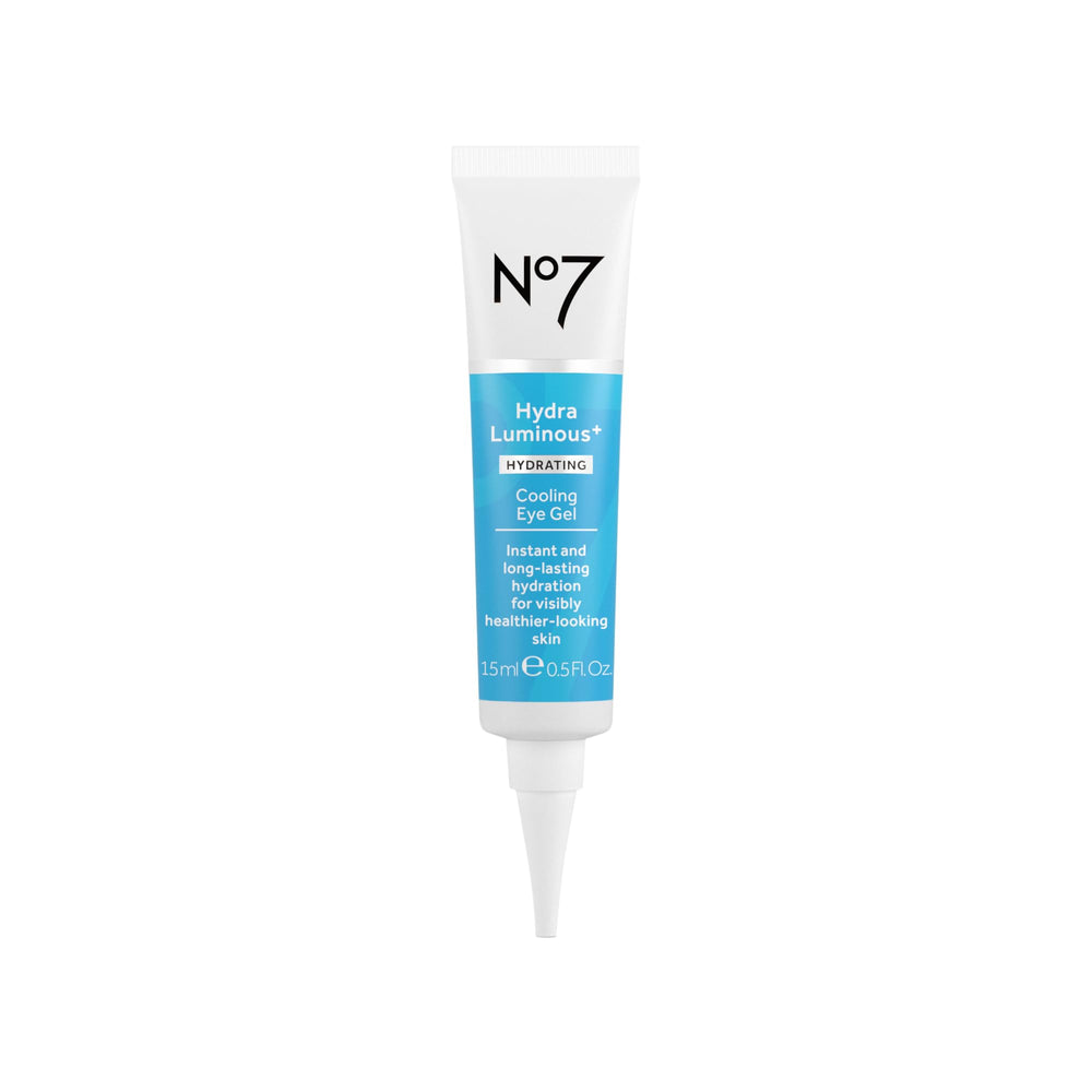 No7 HydraLuminous+ Cooling Under Eye Gel bottle close-up showing refreshing hydration.