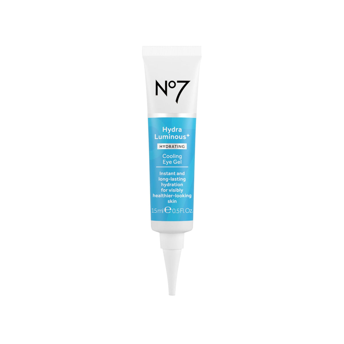 No7 HydraLuminous+ Cooling Under Eye Gel bottle close-up showing refreshing hydration.