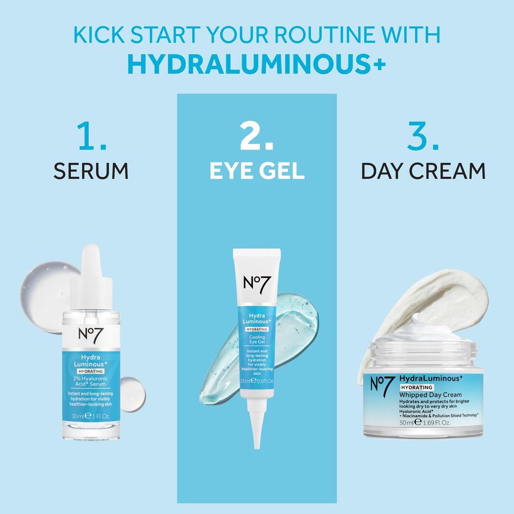 No7 HydraLuminous+ packaging image highlights sleek design.