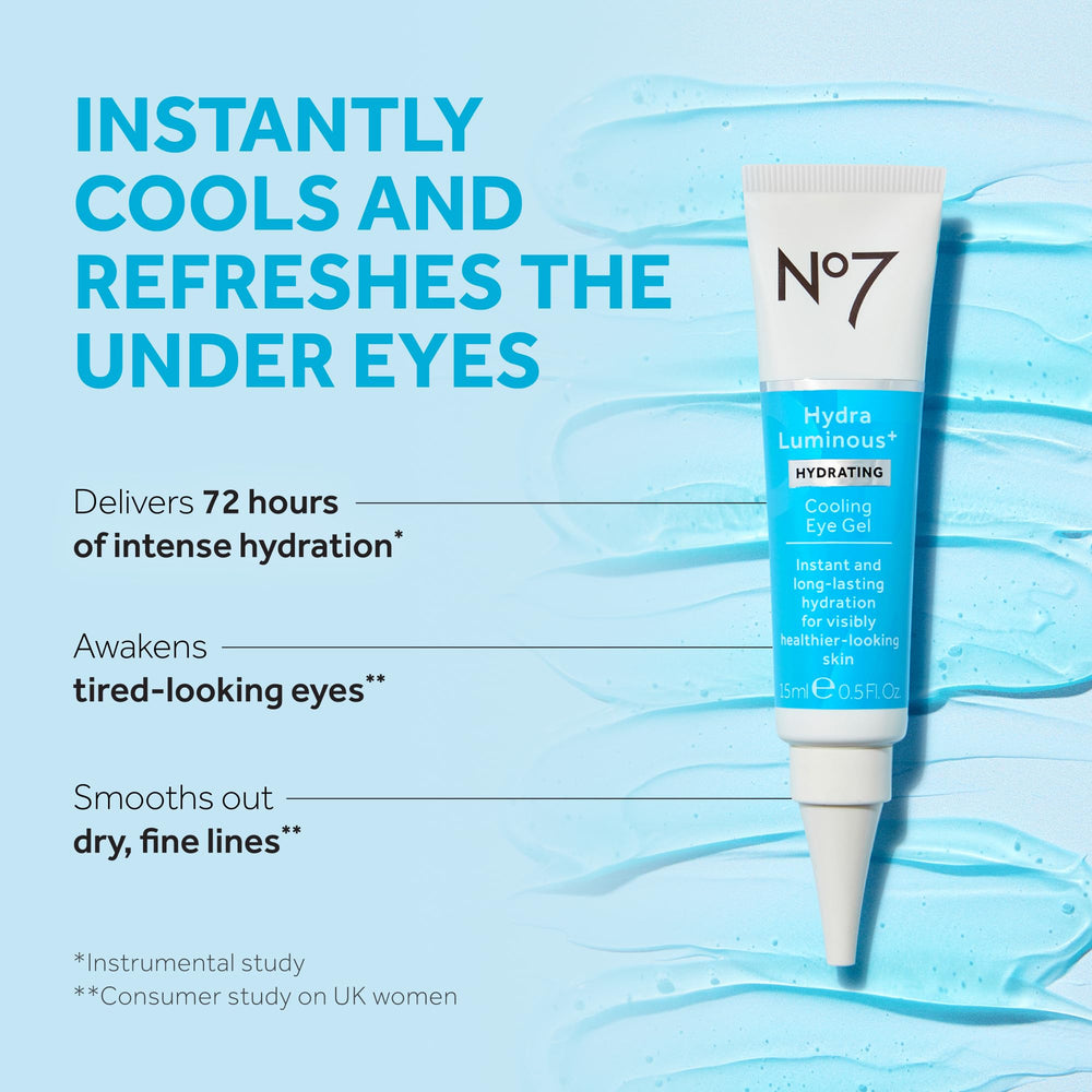 No7 HydraLuminous+ gel swirl on skin highlights hydration and smoothness.