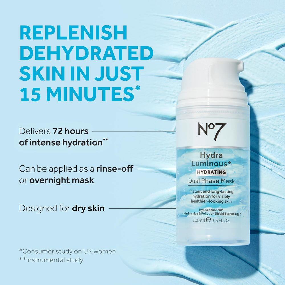 No7 HydraLuminous+ ingredients swirl with hyaluronic acids and niacinamide for moisture